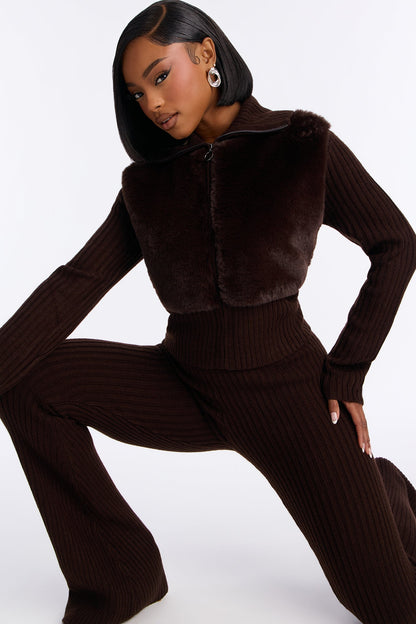 Nina Fur Trim Flare Leg Pant Set - Chocolate