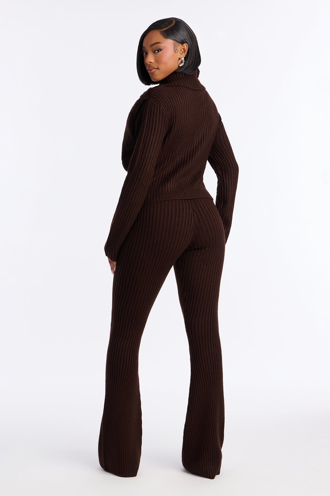 Nina Fur Trim Flare Leg Pant Set - Chocolate