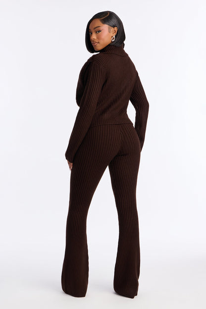 Nina Fur Trim Flare Leg Pant Set - Chocolate