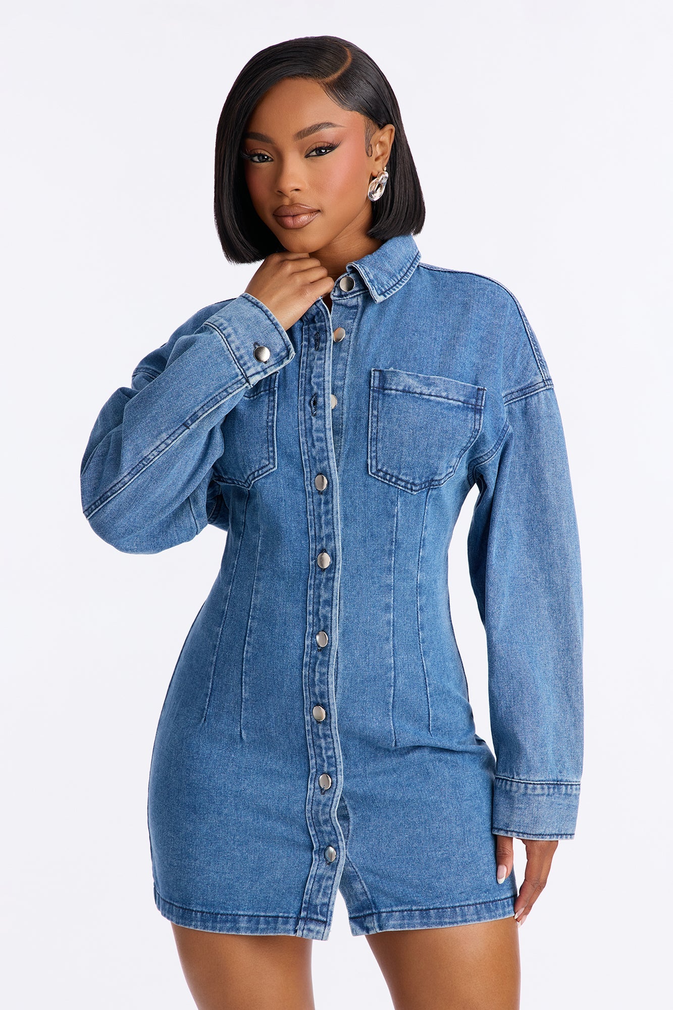 Burning Blue Long Sleeve Denim Mini Dress - Denim