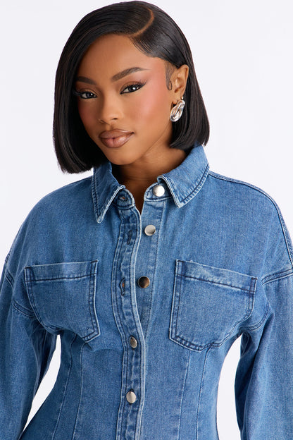 Burning Blue Long Sleeve Denim Mini Dress - Denim