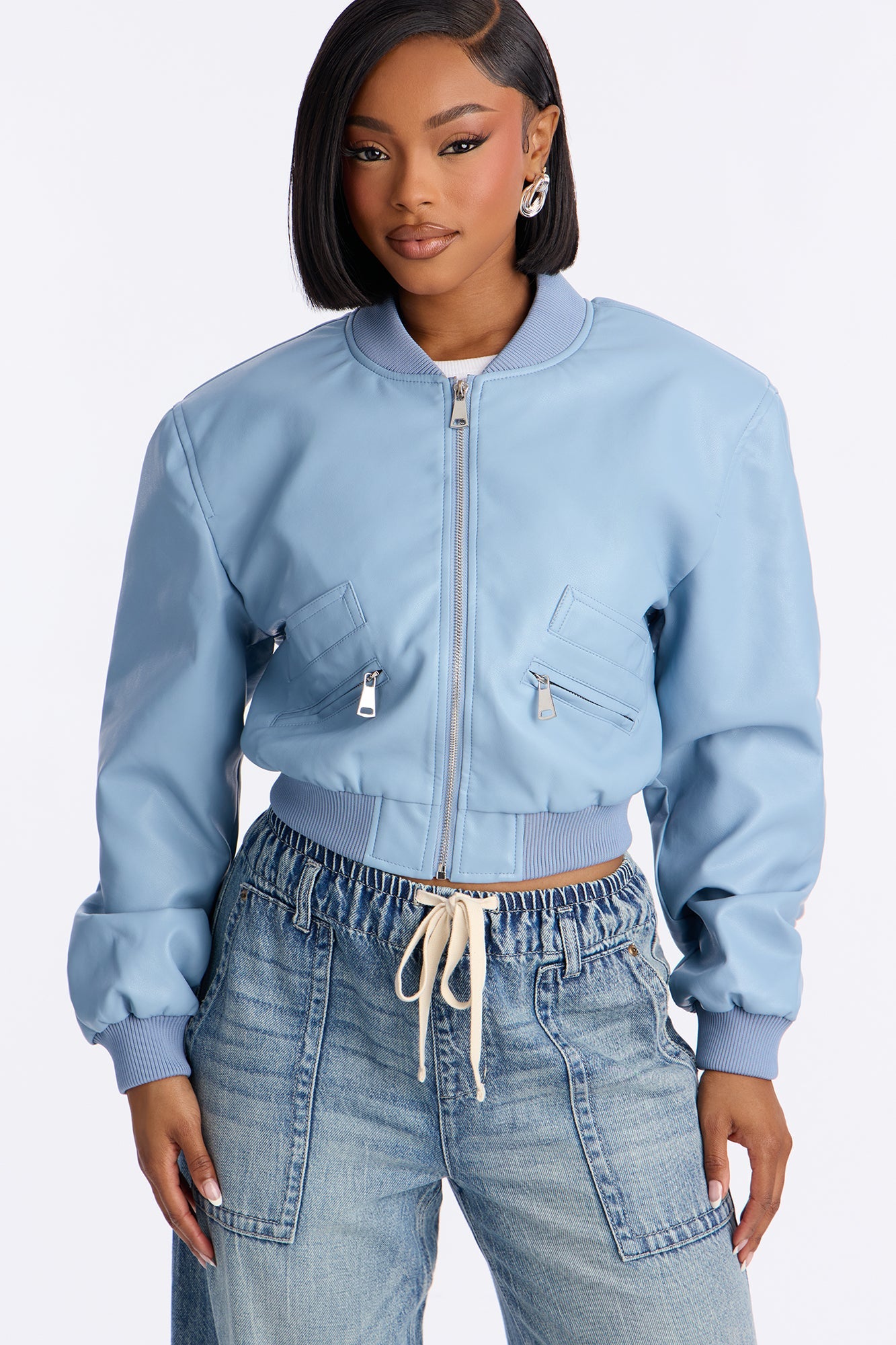 Ashton Faux Leather Shoulder Pad Bomber Jacket - SkyBlue