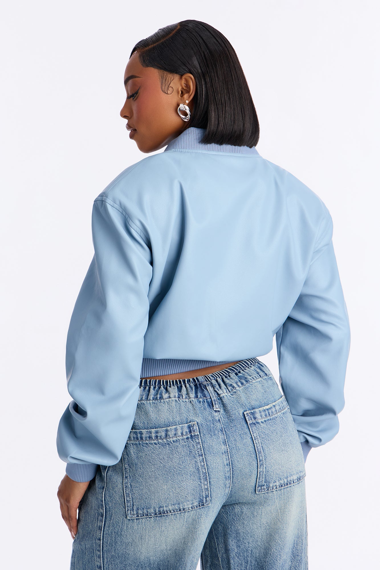 Ashton Faux Leather Shoulder Pad Bomber Jacket - SkyBlue