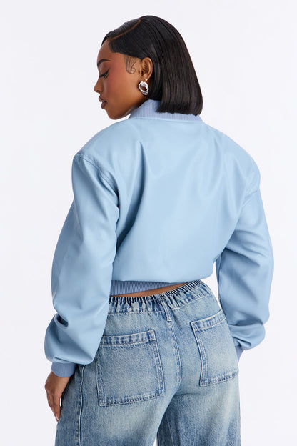 Ashton Faux Leather Shoulder Pad Bomber Jacket - SkyBlue