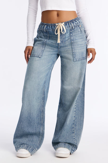 Ocean Ave Tie Waist Baggy Jeans - Vintage Wash