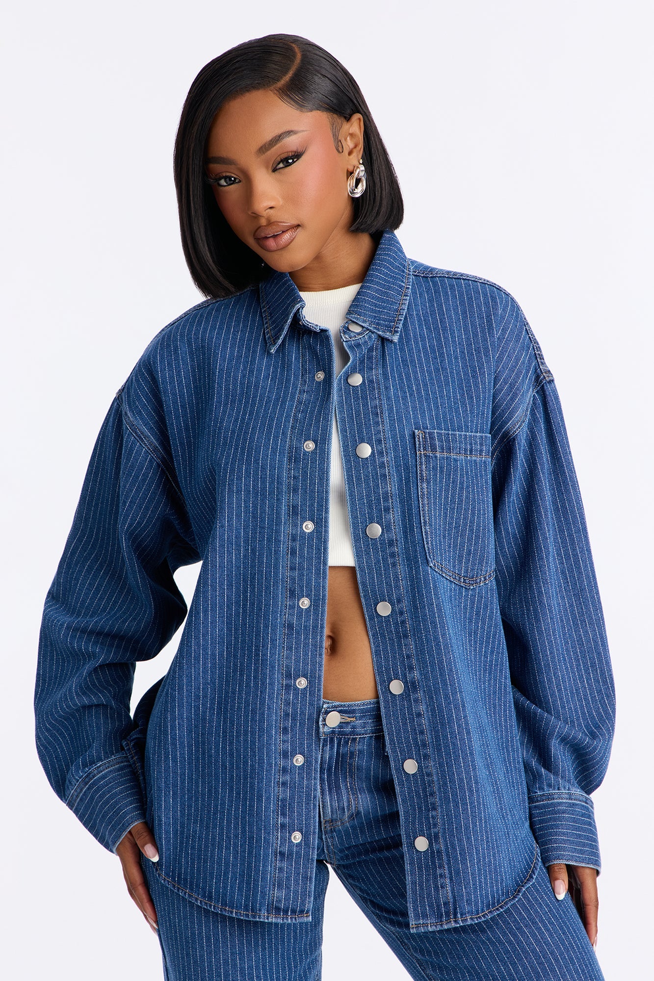 Makayla Pinstripe Denim Straight Leg Pant Set - Denim