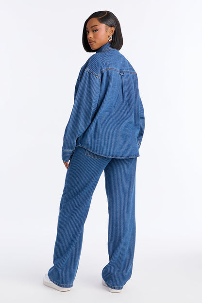 Makayla Pinstripe Denim Straight Leg Pant Set - Denim