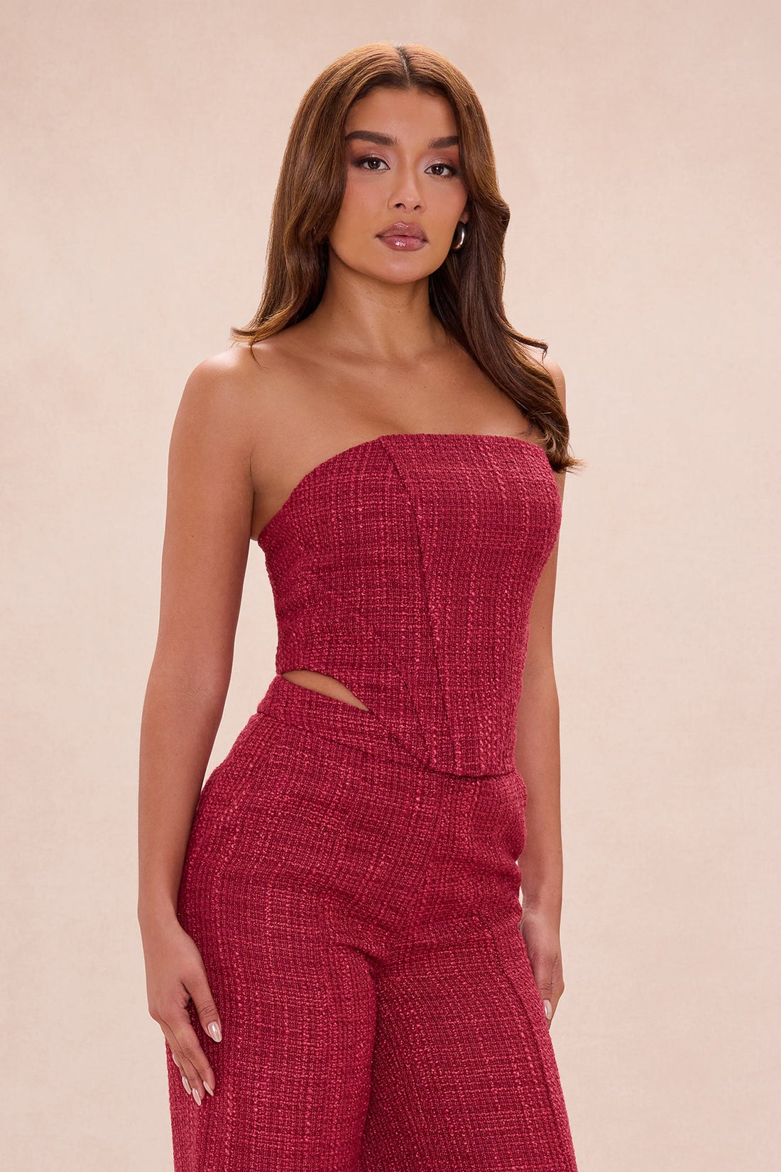 Cleo Tweed Corset Pant Set - Burgundy