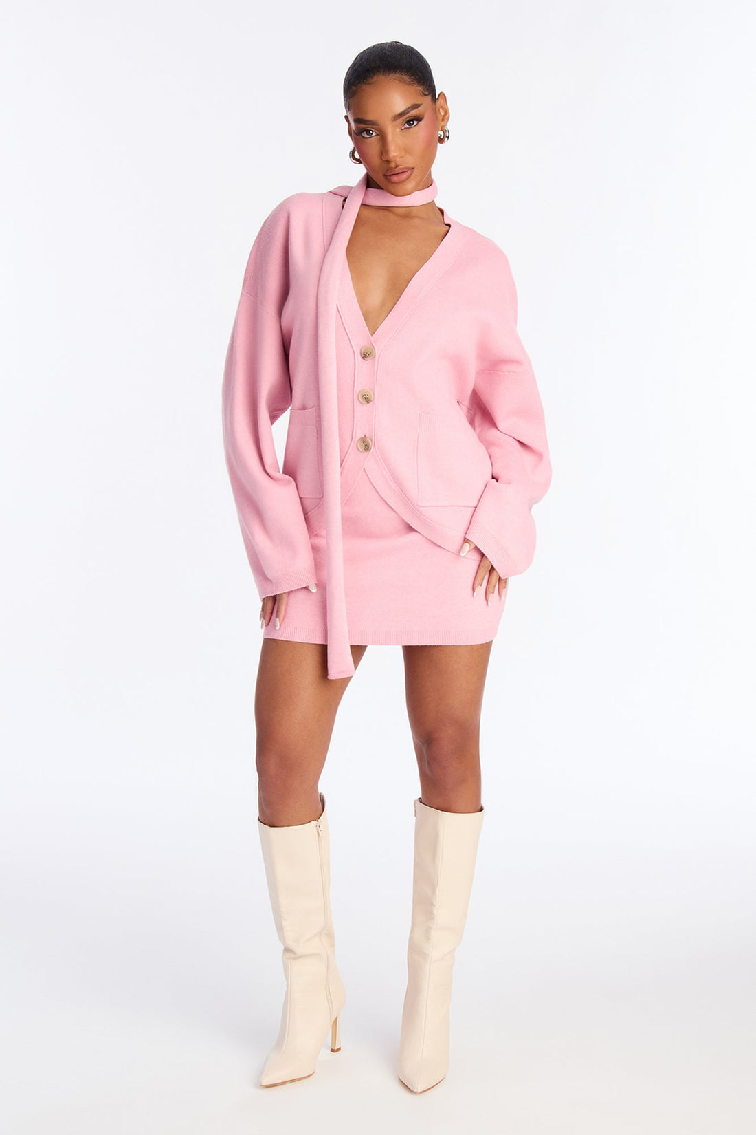Eden 3 Piece Sweater Scarf Mini Skirt Set - Pink
