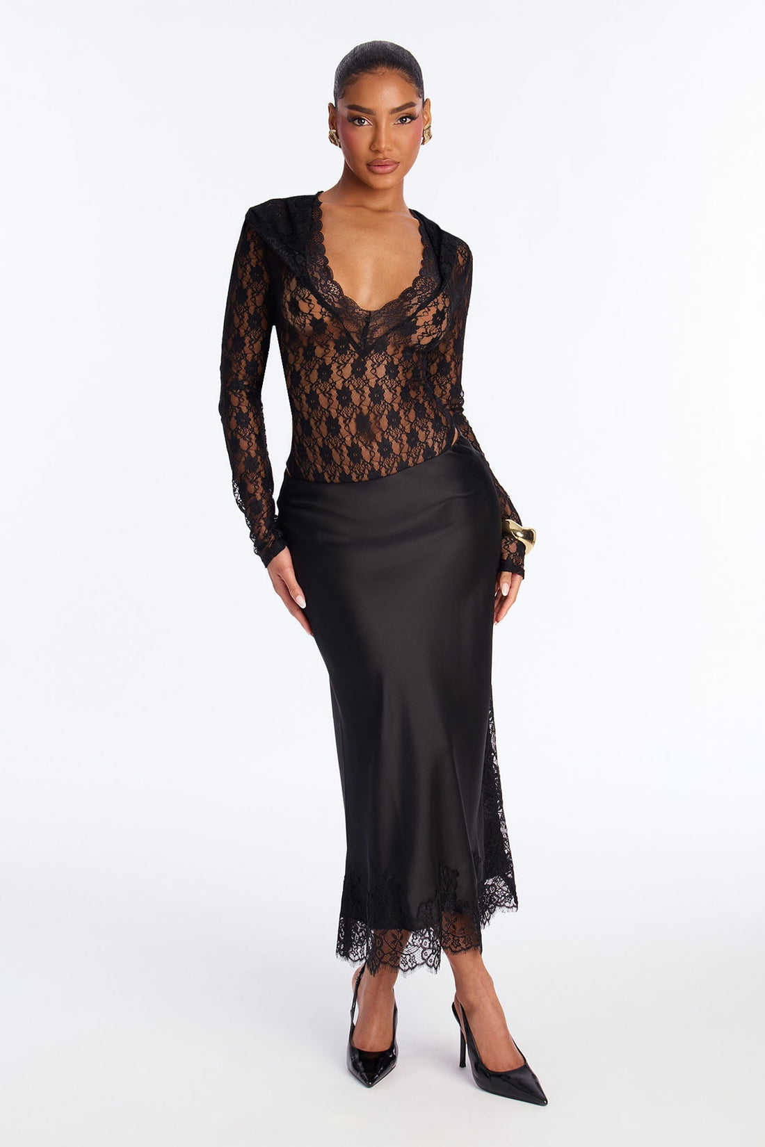 Feel The Love Lace Trim Satin Midi Skirt - Black