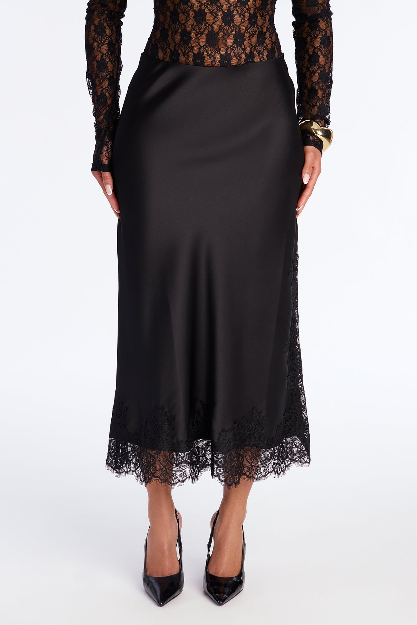 Feel The Love Lace Trim Satin Midi Skirt - Black