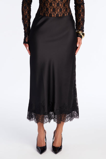 Feel The Love Lace Trim Satin Midi Skirt - Black