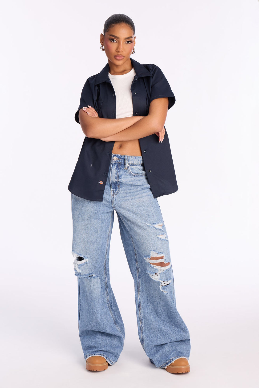 Normandie Non-Stretch Ripped Wide Leg Jeans - Medium Wash