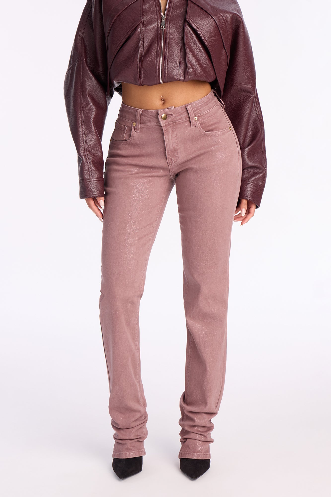 Giselle Glitter Foil Stacked Slim Straight Leg Jean - Mauve