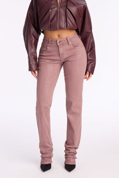 Giselle Glitter Foil Stacked Slim Straight Leg Jean - Mauve
