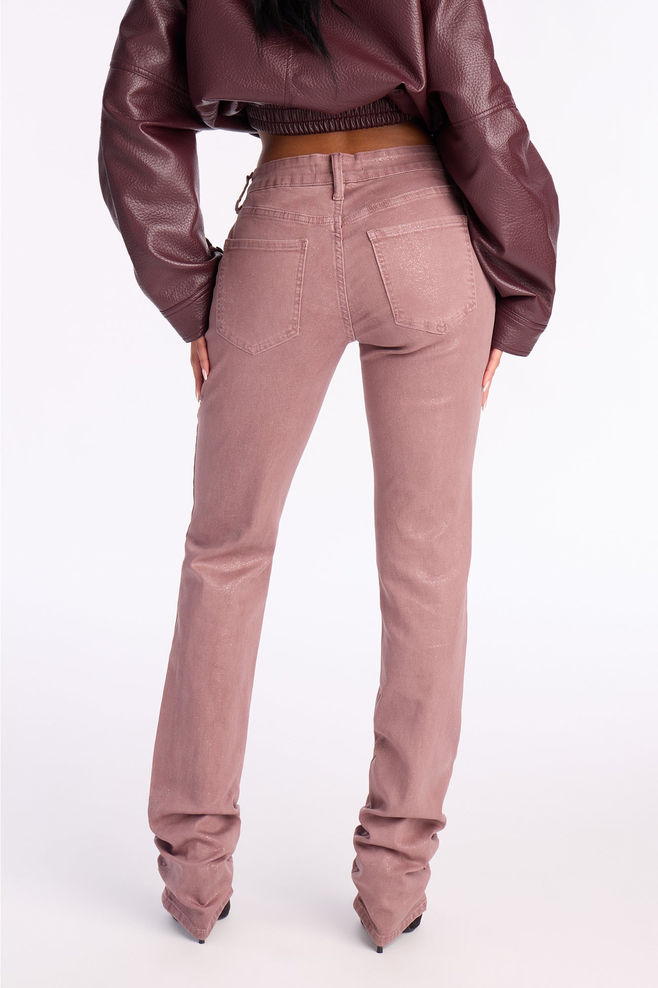 Giselle Glitter Foil Stacked Slim Straight Leg Jean - Mauve
