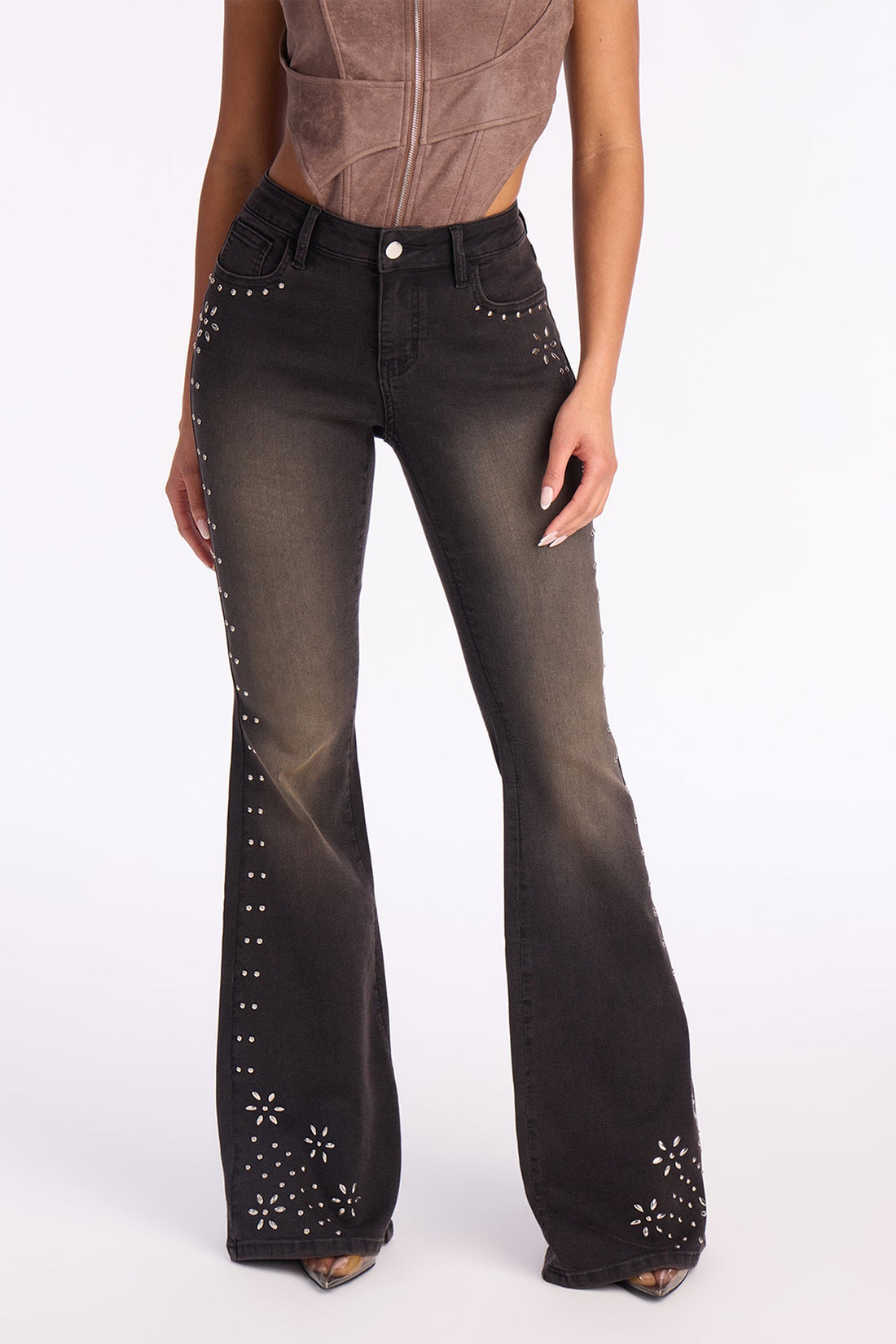 Rockstar Status Studded Flare Jeans - Black Wash