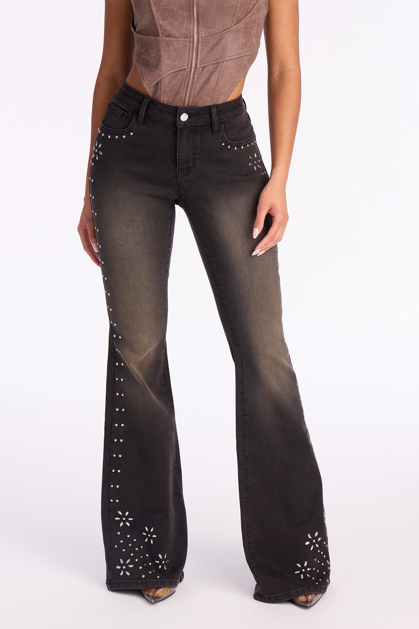 Rockstar Status Studded Flare Jeans - Black Wash