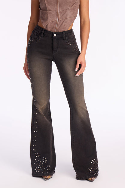 Rockstar Status Studded Flare Jeans - Black Wash