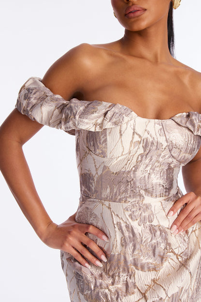 Donna Floral Off Shoulder Midi Dress - Light Taupe