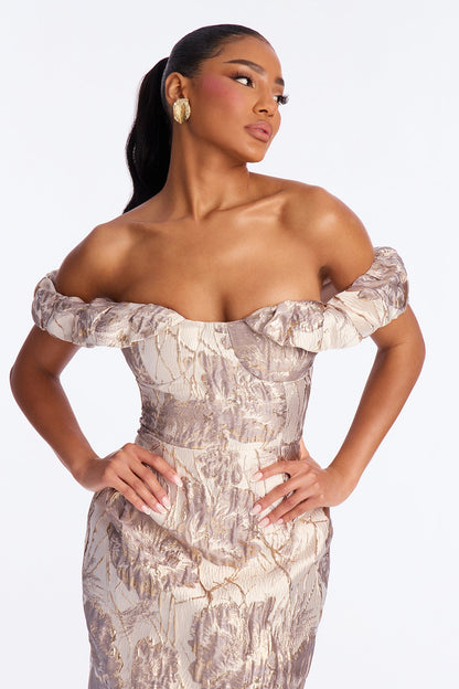 Donna Floral Off Shoulder Midi Dress - Light Taupe