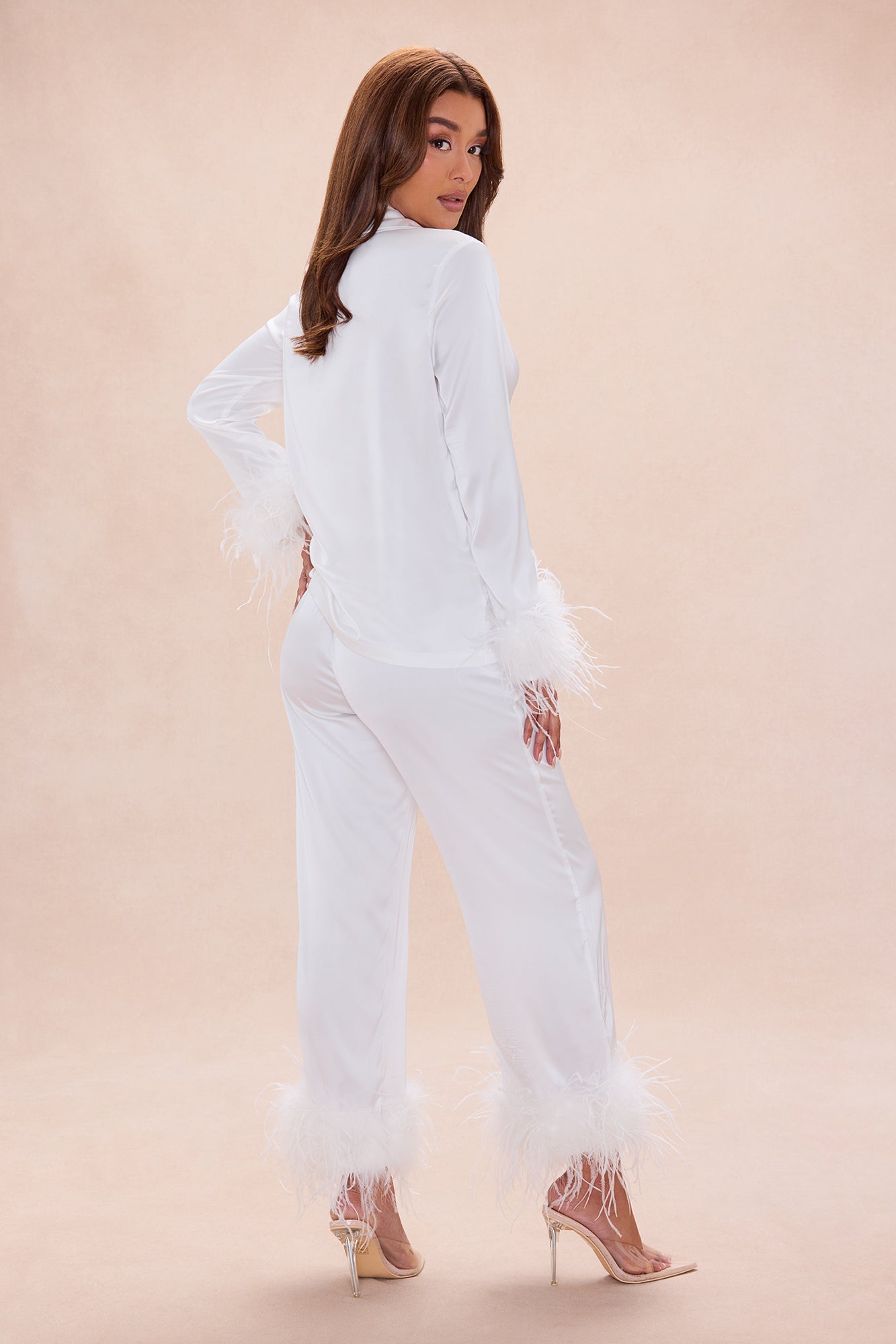 Regina Feathered Satin Pant Set - Off White