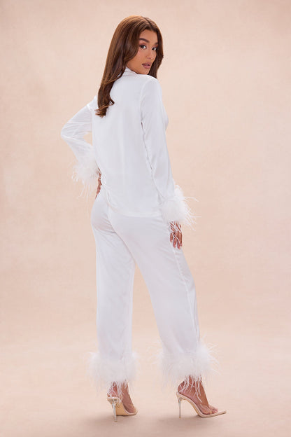Regina Feathered Satin Pant Set - Off White