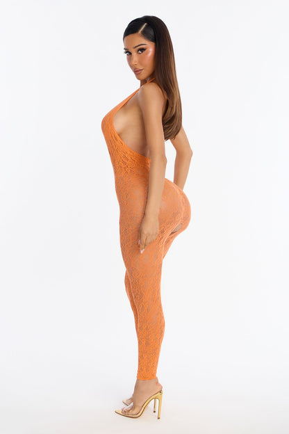 Lace Me Up Crotchless Lace Jumpsuit Bodystocking - Orange