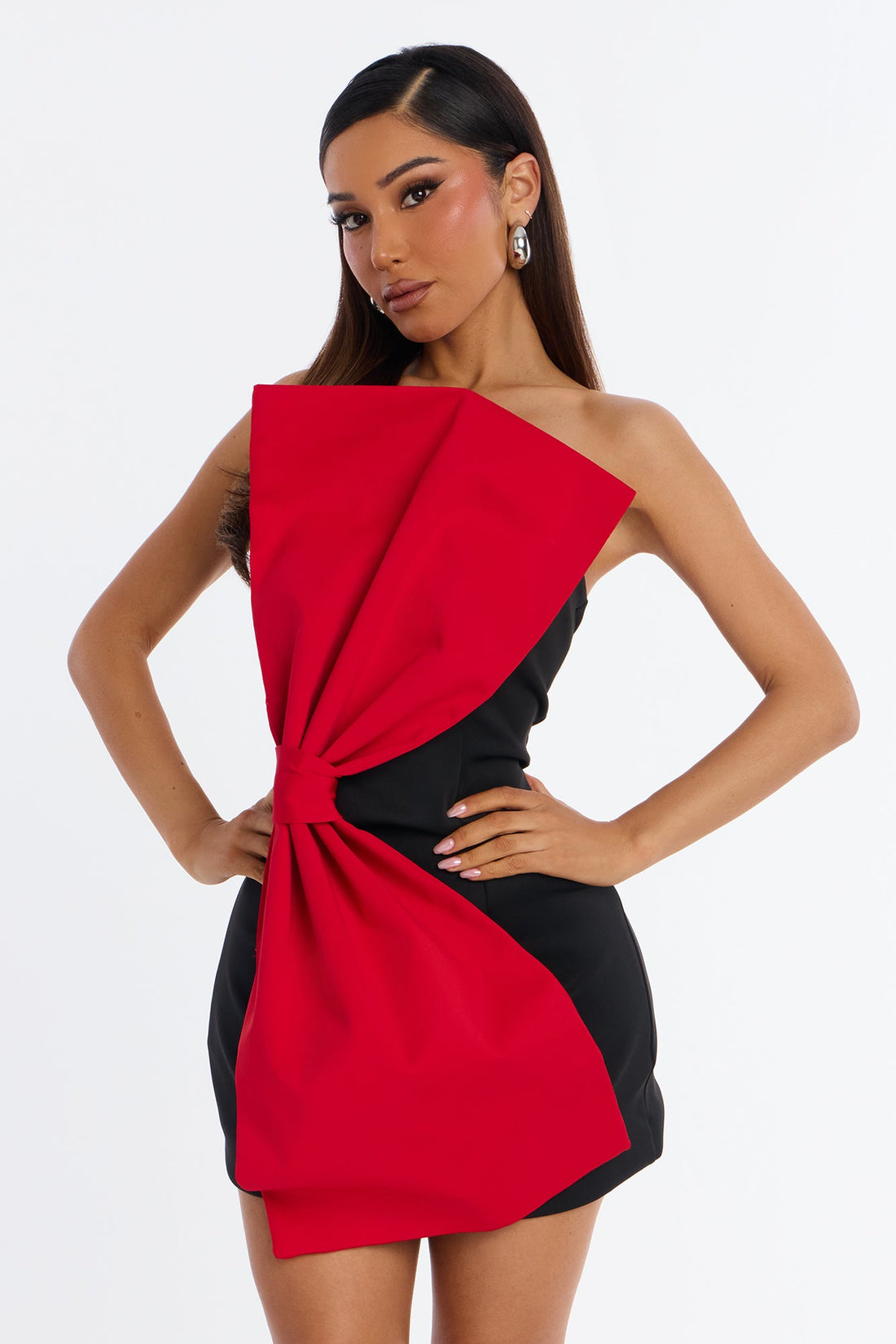 Cheryl Strapless Bow Mini Dress - Black/Red