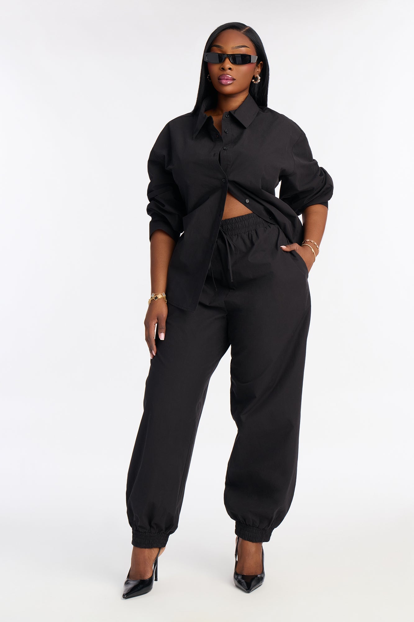 Charlize Button Down Jogger Pant Set - Black