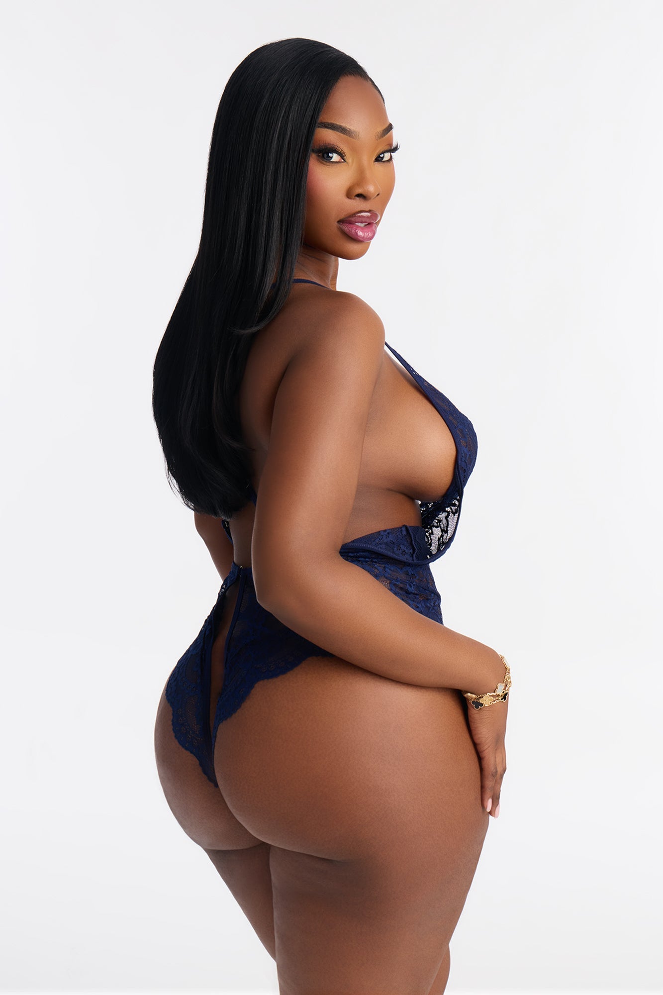 Soft To The Touch Crotchless Lace Teddy - Navy