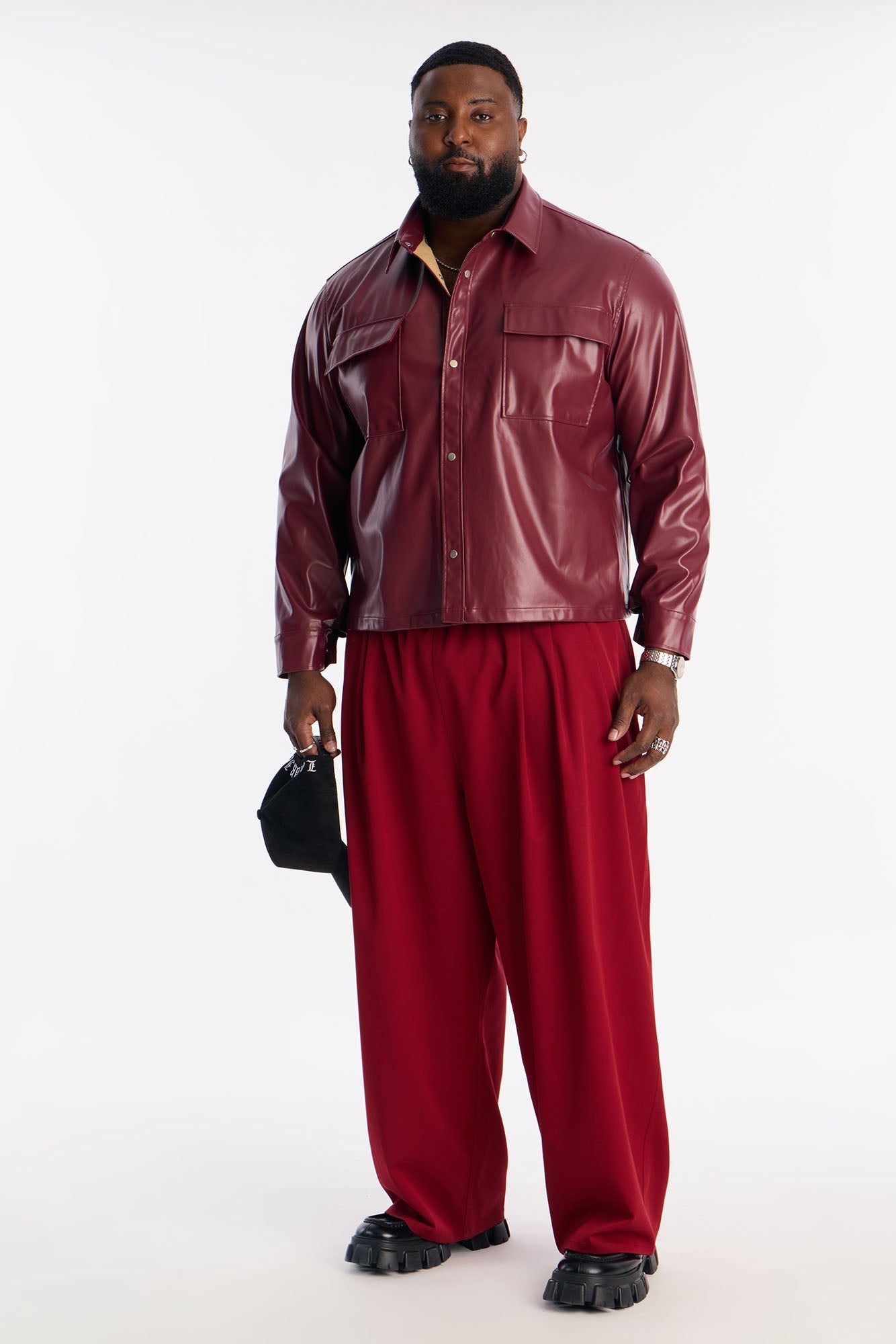 Cropped On Command Faux Leather Button Up Shirt - Burgundy