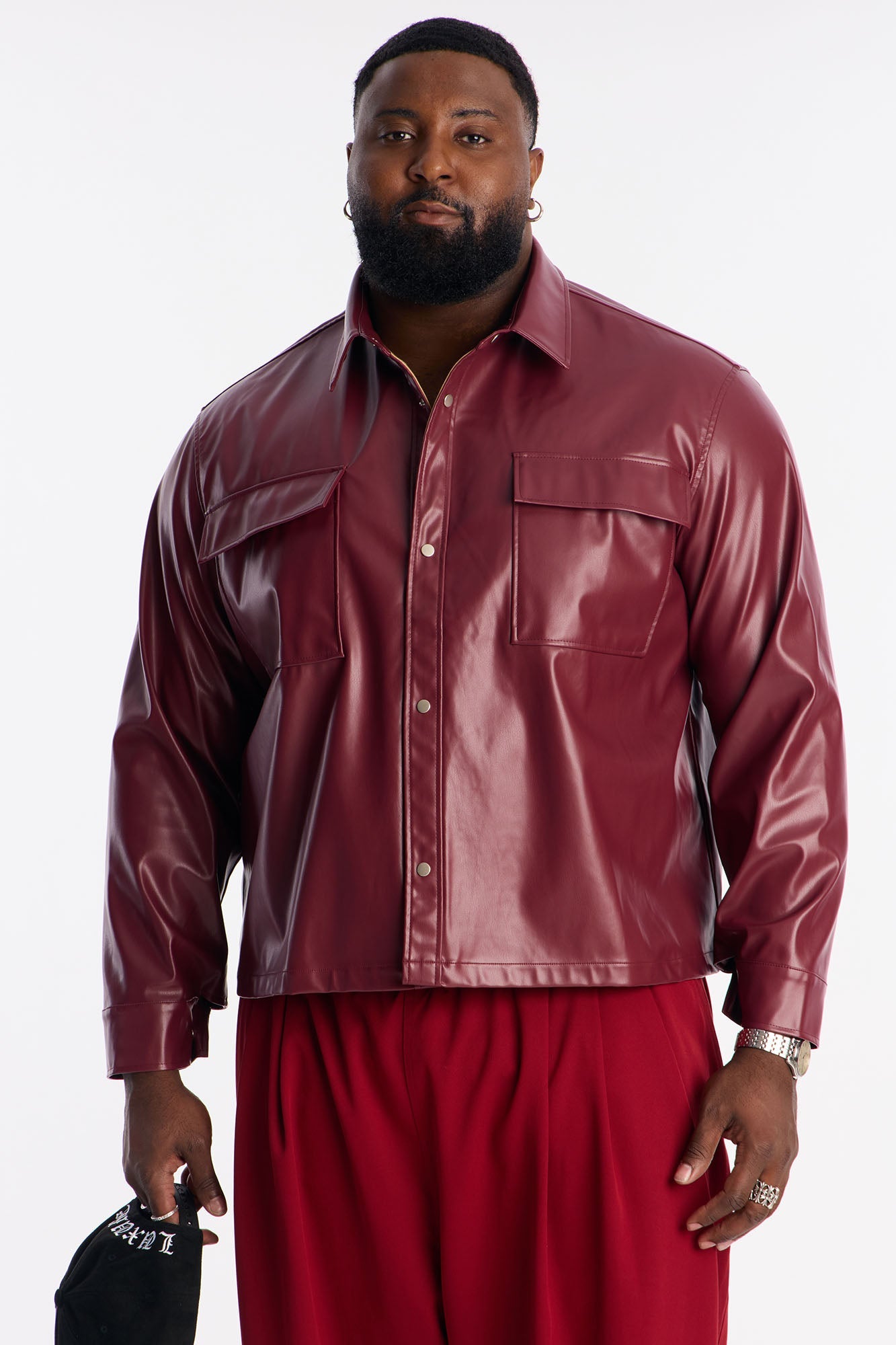 Cropped On Command Faux Leather Button Up Shirt - Burgundy