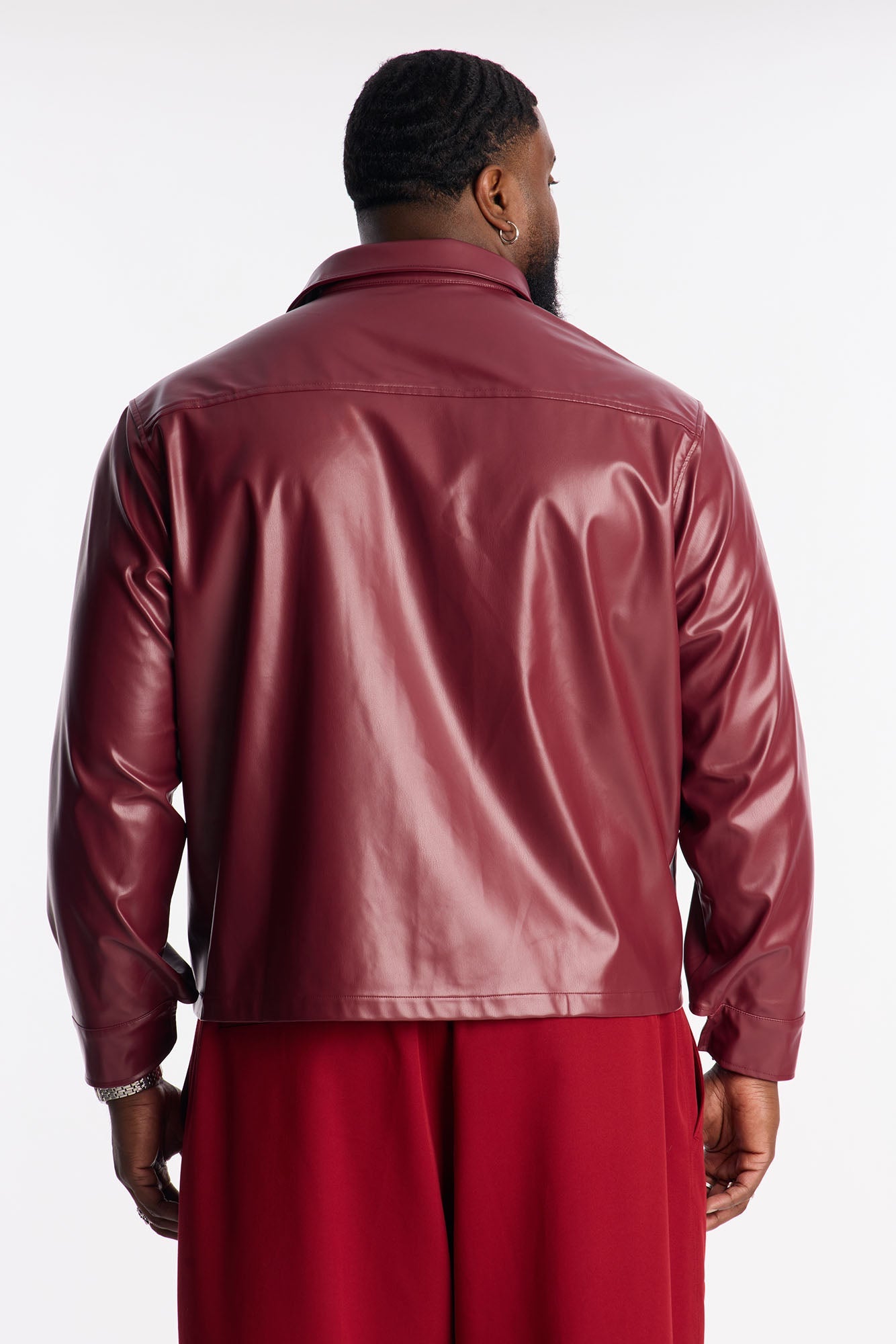 Cropped On Command Faux Leather Button Up Shirt - Burgundy