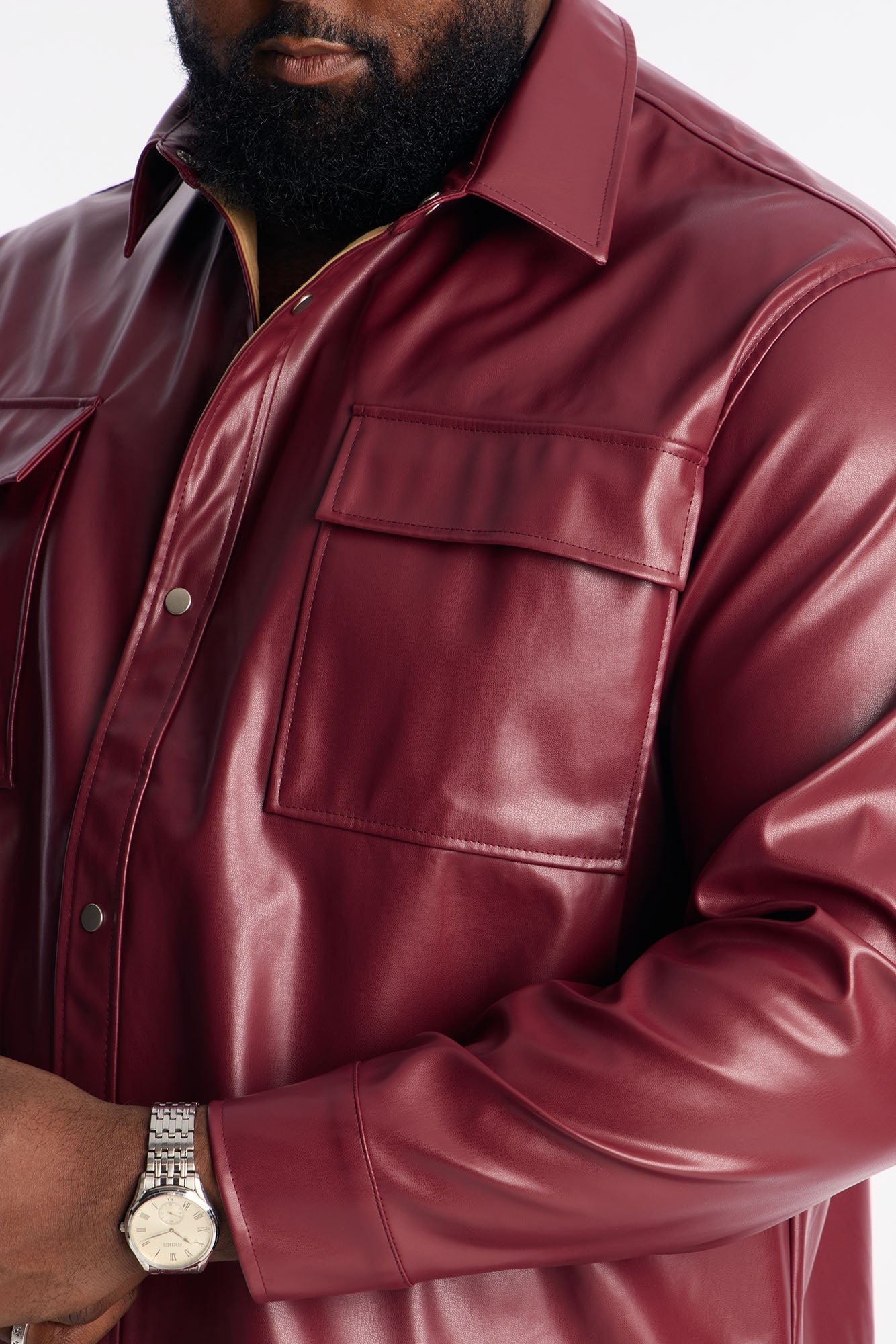 Cropped On Command Faux Leather Button Up Shirt - Burgundy
