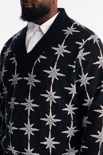 Relaxed Elevated V Neck Bright Etoile Sweater - Black