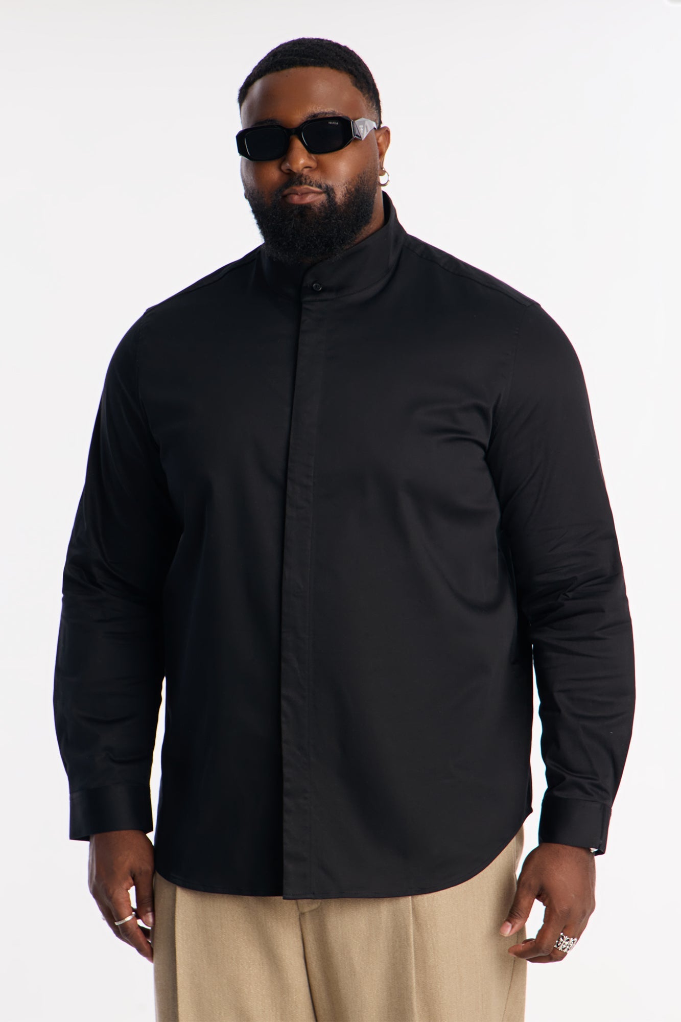 Slim Lumina High Collar Hidden Placket Button Up Shirt - Black