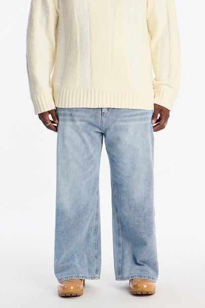 Baggy Wide Leg Tuxedo Stripe Jean - Light Blue Wash