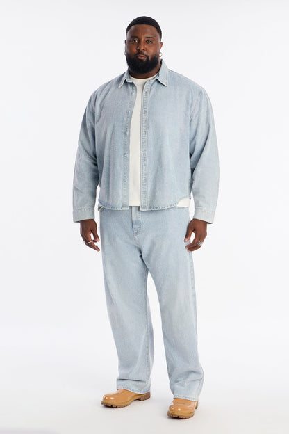Jeweled Diamond Drift Denim Button Up Shirt - Light Blue Wash