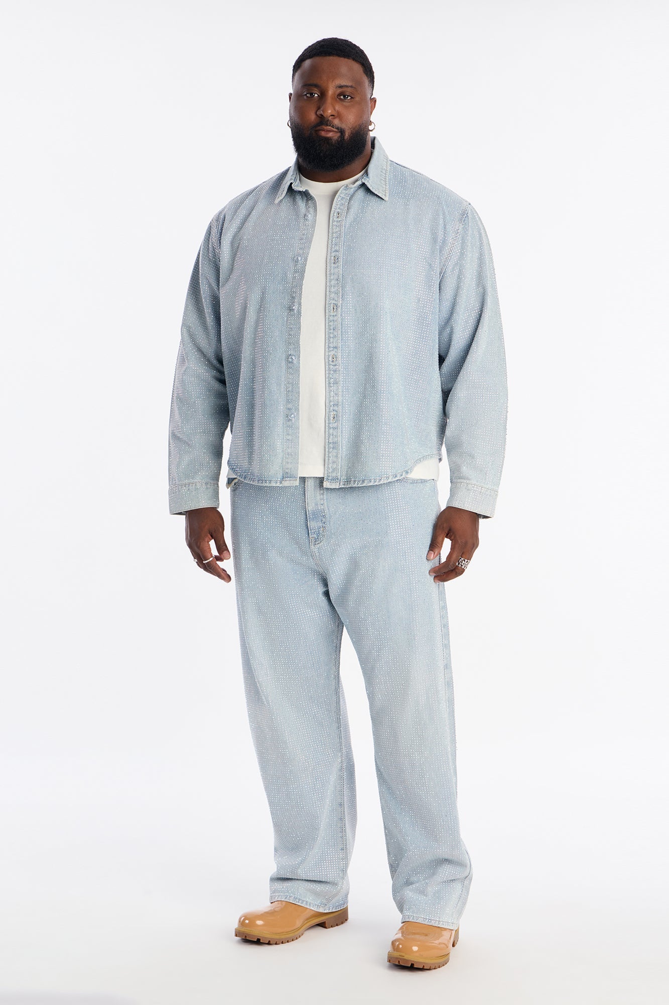 Jeweled Diamond Drift Denim Button Up Shirt - Light Blue Wash