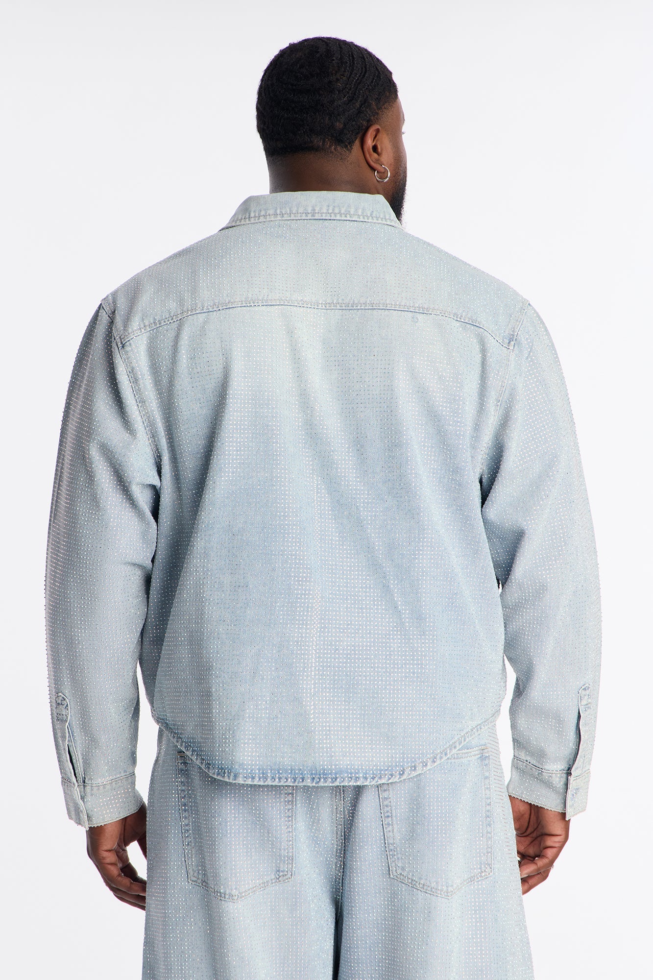 Jeweled Diamond Drift Denim Button Up Shirt - Light Blue Wash