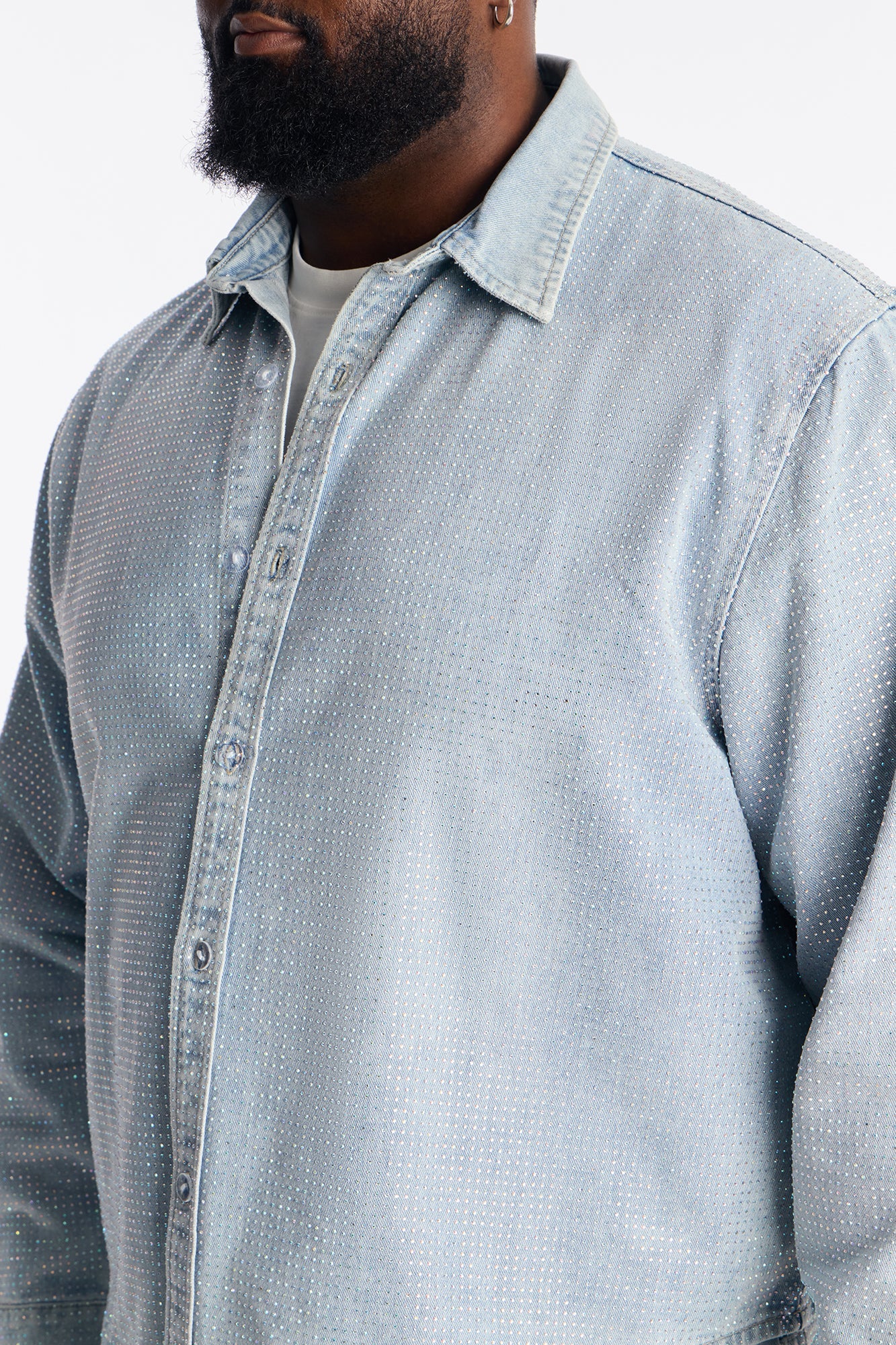 Jeweled Diamond Drift Denim Button Up Shirt - Light Blue Wash