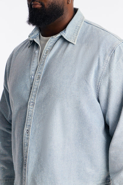 Jeweled Diamond Drift Denim Button Up Shirt - Light Blue Wash