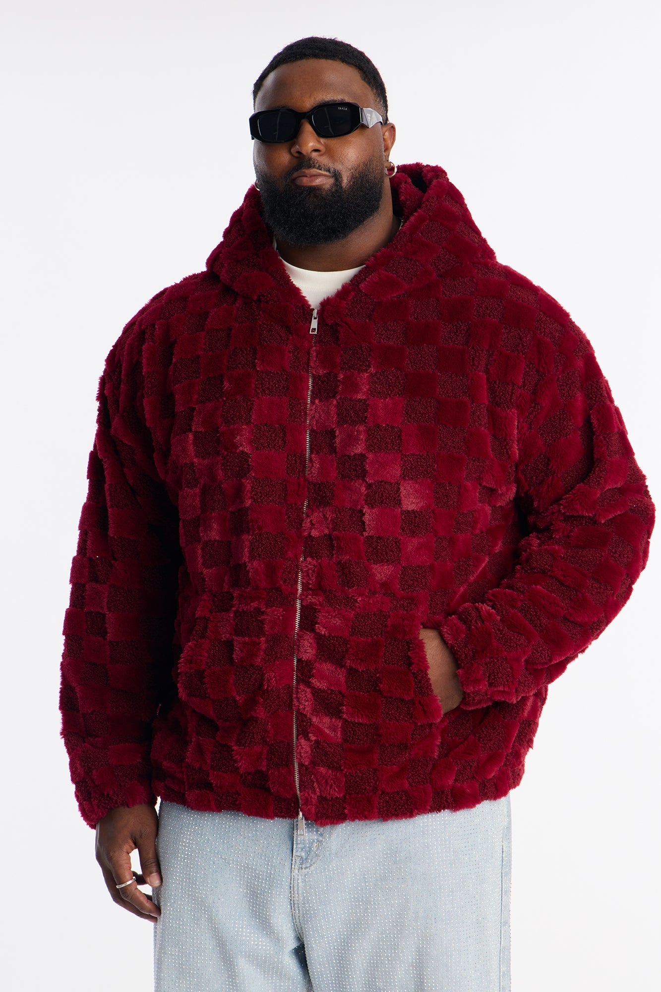Relaxed Hooded Zip Checkered Faux Fur Jacket - Burgundy
