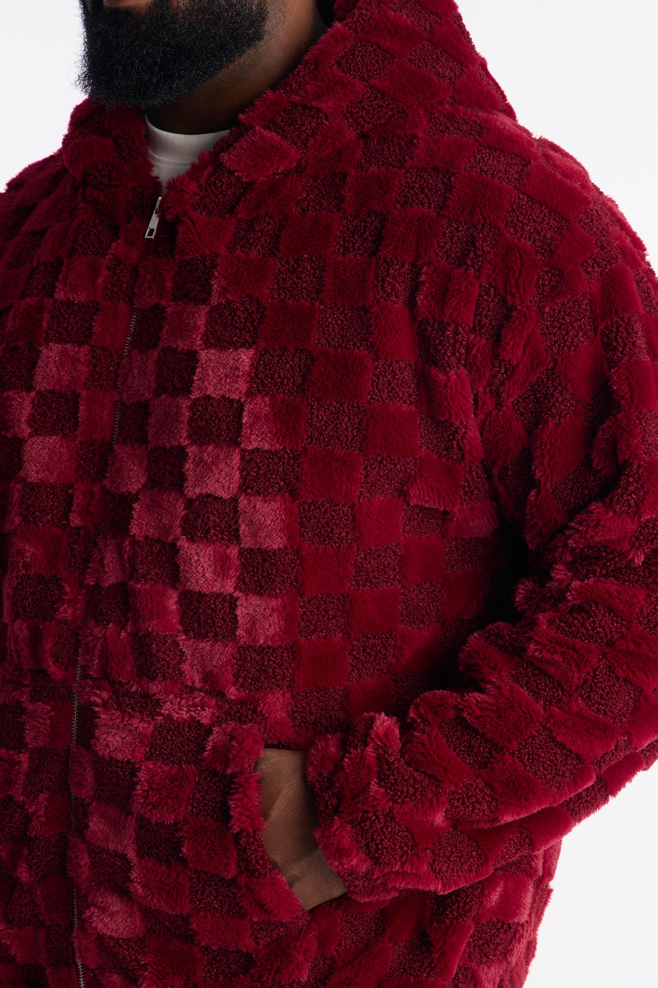 Relaxed Hooded Zip Checkered Faux Fur Jacket - Burgundy