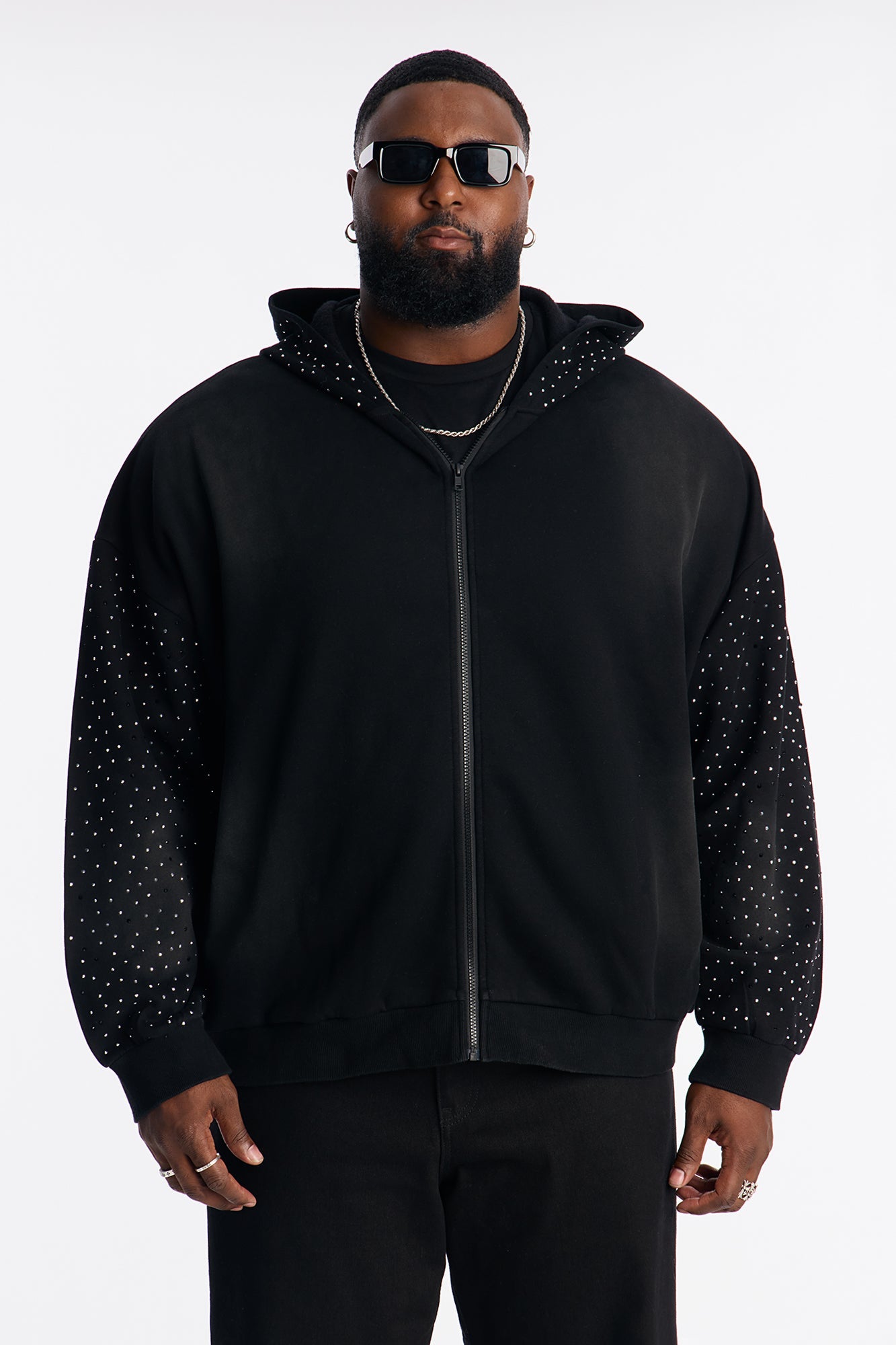 City Code Embellished Zip Up Hoodie - Black