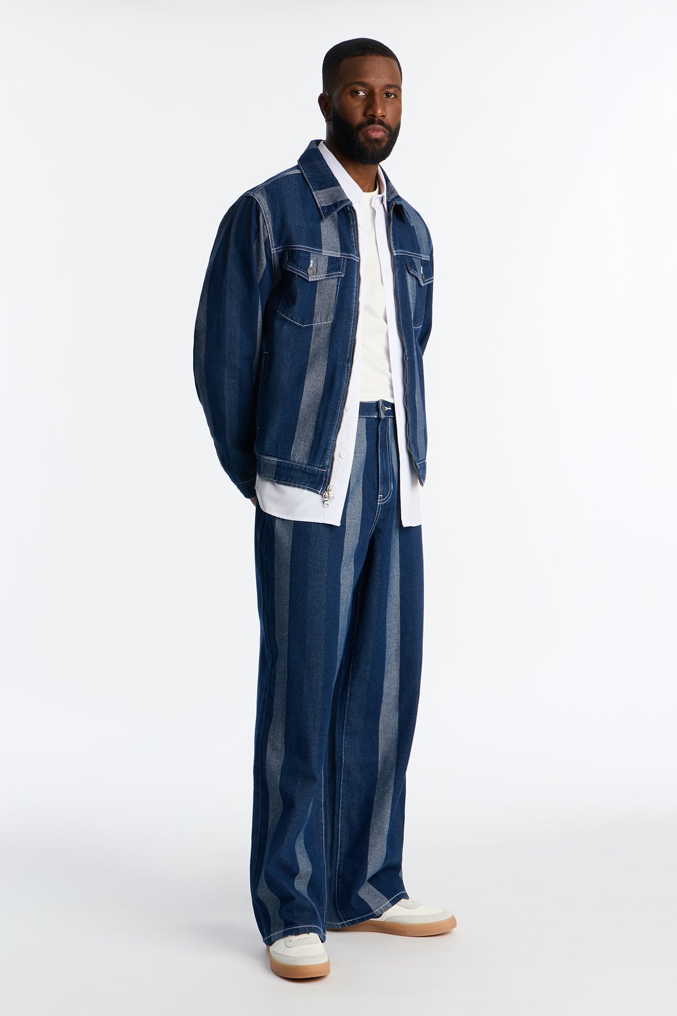 Two Tone Stripe Denim Work Jacket - Dark Wash
