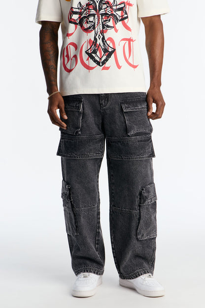 Baggy Pass It Over Cargo Jean - Black Wash
