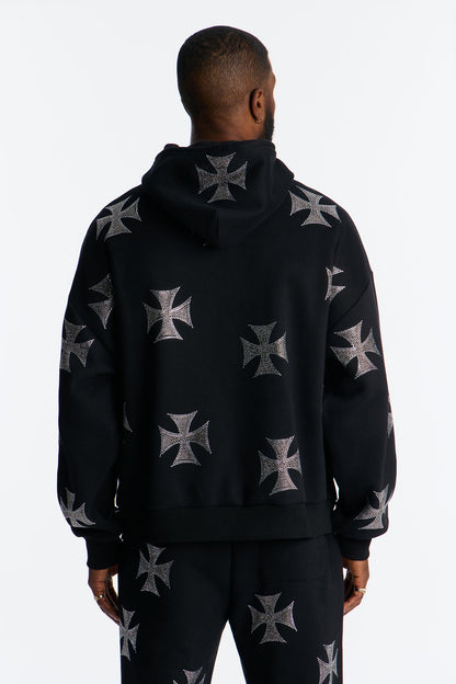 Crossed Out Rhinestone Oversized Hoodie - Black