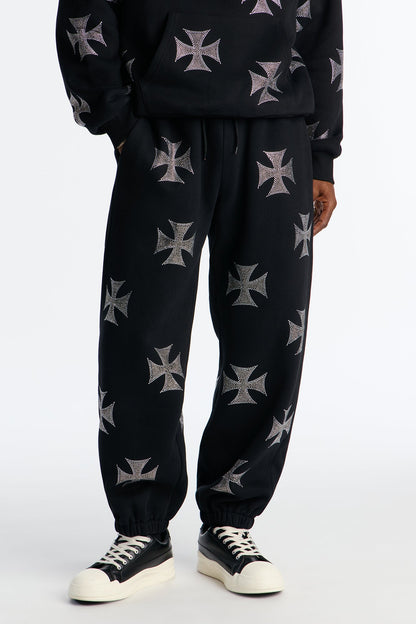 Crossed Out Rhinestone Joggers - Black
